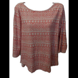 Chico’s Women's Ultimate Tee Pink White Aztec Print 3/4 Sleeve Blouse, Sz 2 (Lg)